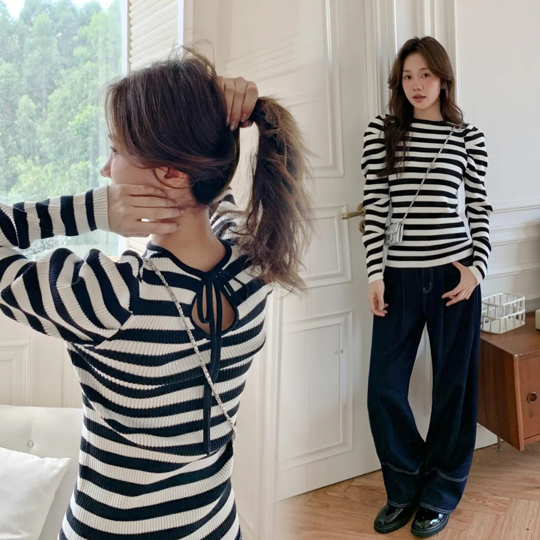 小公主澎澎袖後綁帶造型螺紋上衣-F / 2色 (Elegant & Love)