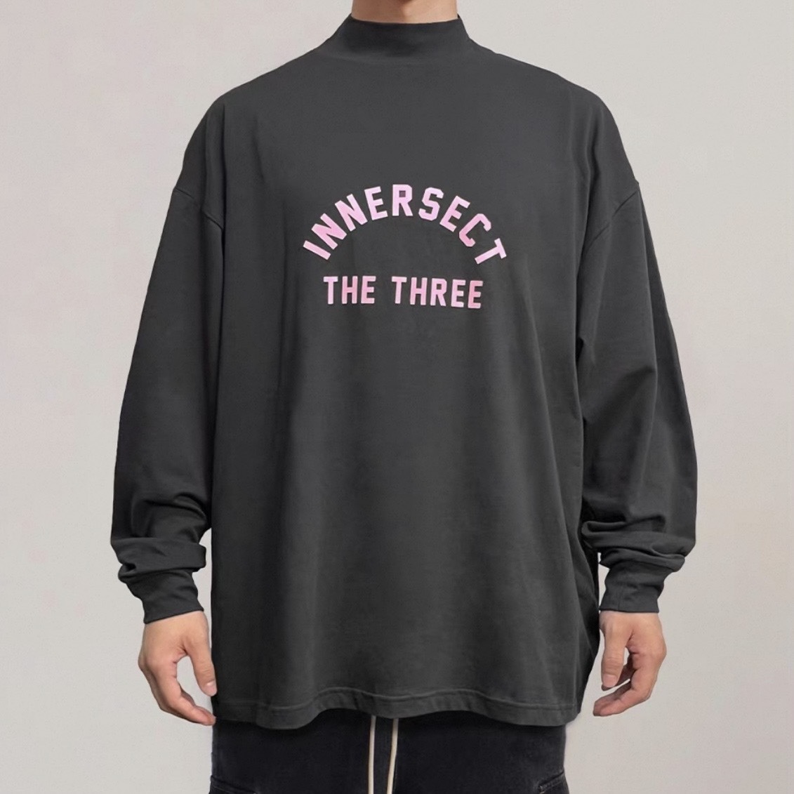 INNERSECT 三生萬物 灰粉半高領 長袖 上衣 寬鬆 INN24FWTTE245