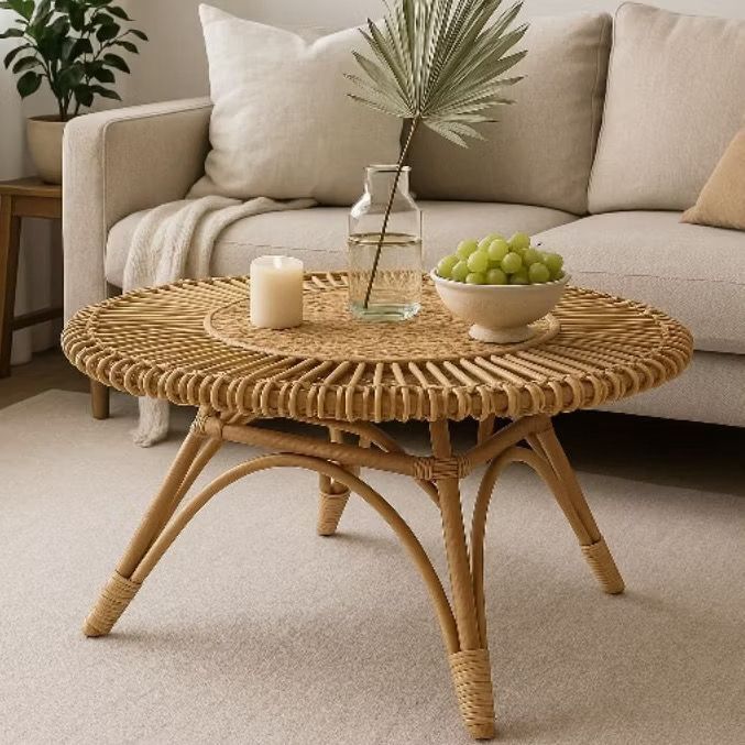 [The Rattan House] Natural Handmade Rattan Coffee Table – Round Boho Style | 80cm Diameter | Rotan Meja Kopi Ruang Tamu