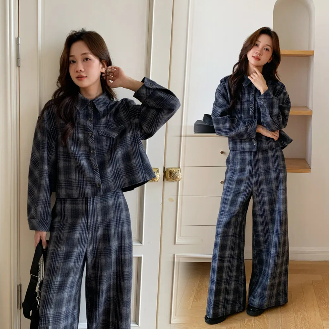 配色格紋羊毛翻領襯衫+高腰長褲SET-S-M / 2色 (Elegant & Love)