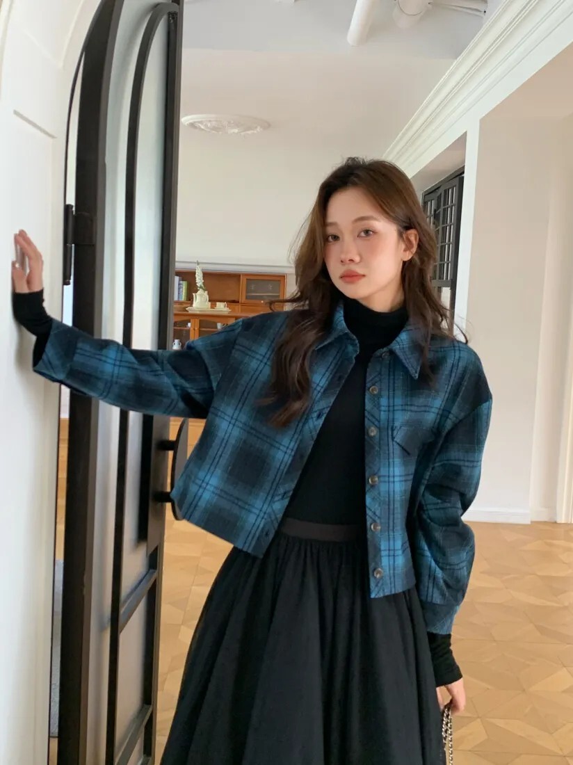 配色格紋羊毛翻領襯衫+高腰長褲SET-S-M / 2色 (Elegant & Love)