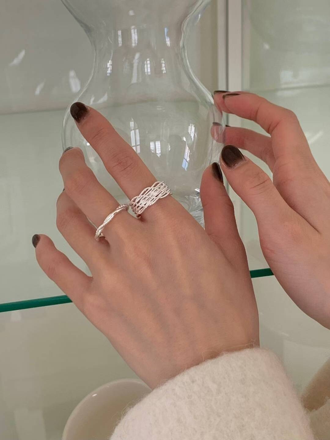 鏤空交錯纏繞感寬戒+編織纏繞細戒SET