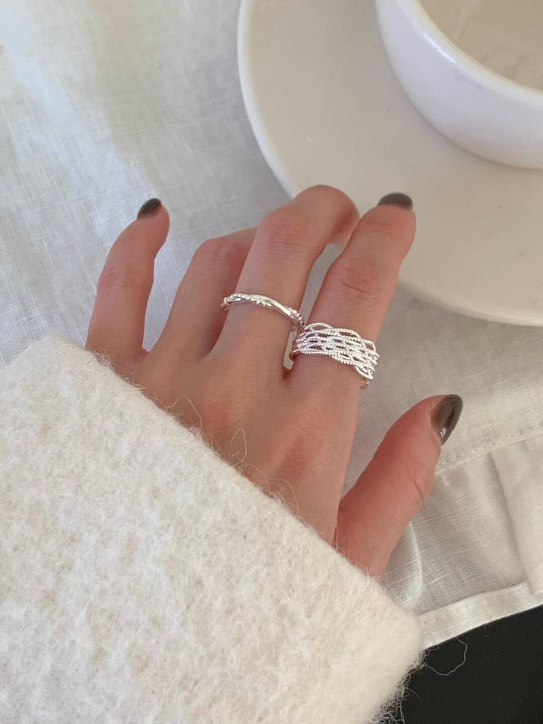 鏤空交錯纏繞感寬戒+編織纏繞細戒SET