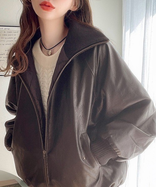 <預購>> JaVa 羅紋高領仿皮 寬鬆外套