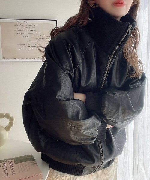 <預購>> JaVa 羅紋高領仿皮 寬鬆外套