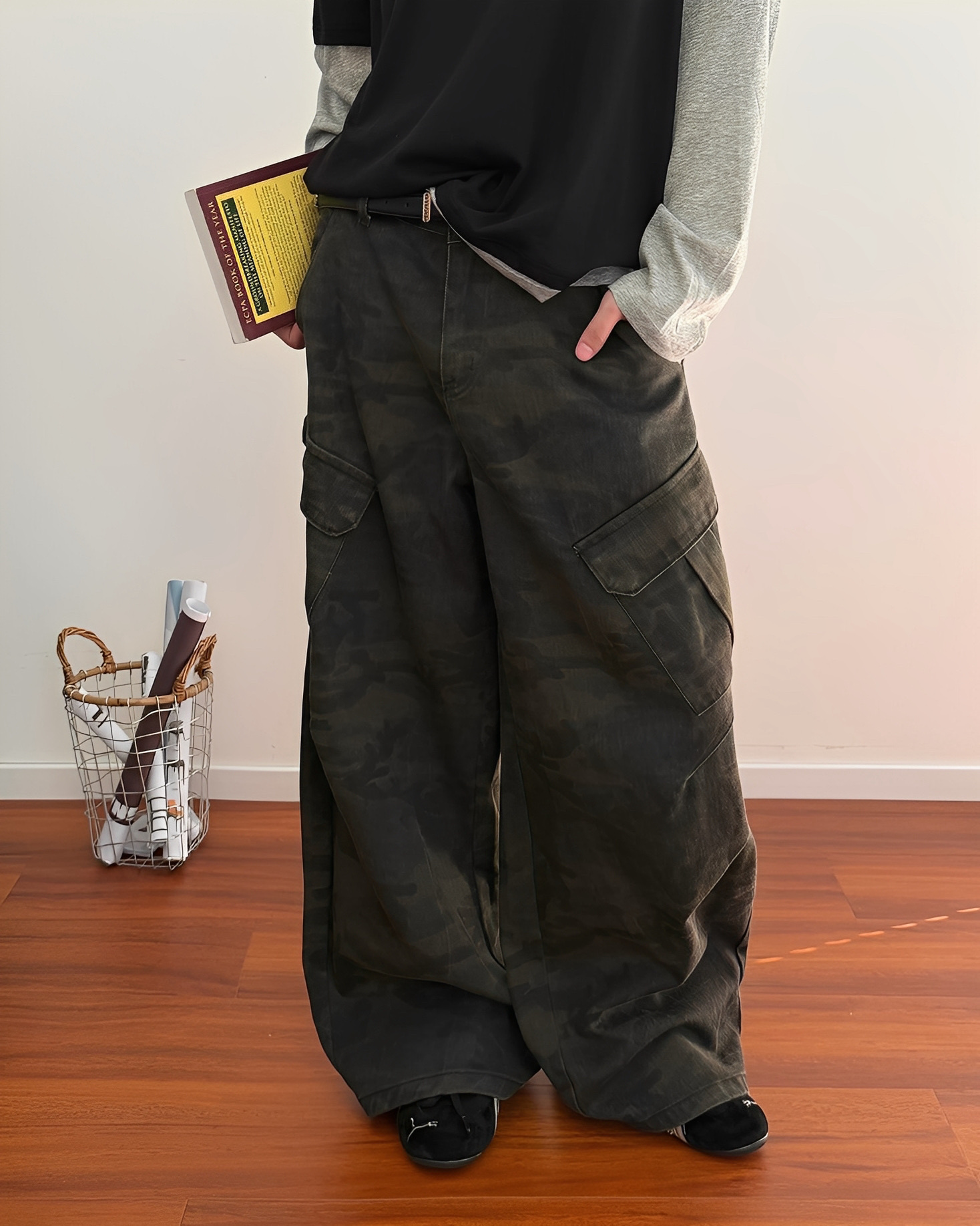 美式 復古 迷彩 斜口袋 彎刀褲