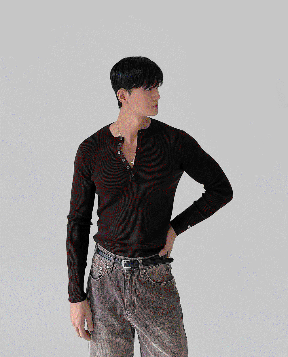 喀什米爾肌肉亨利領針織衫