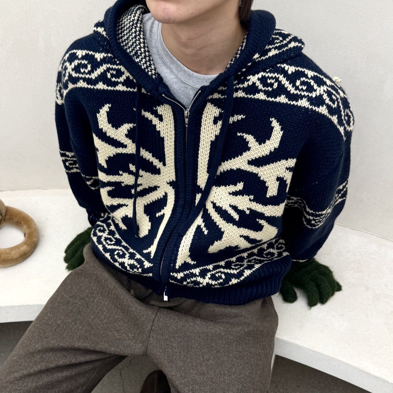 圖案連帽拉鍊針織外套 BY-459JK