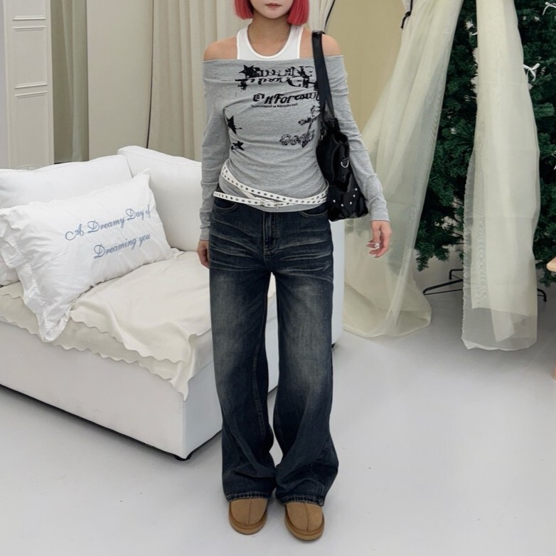 基礎起義 刷色直筒牛仔褲