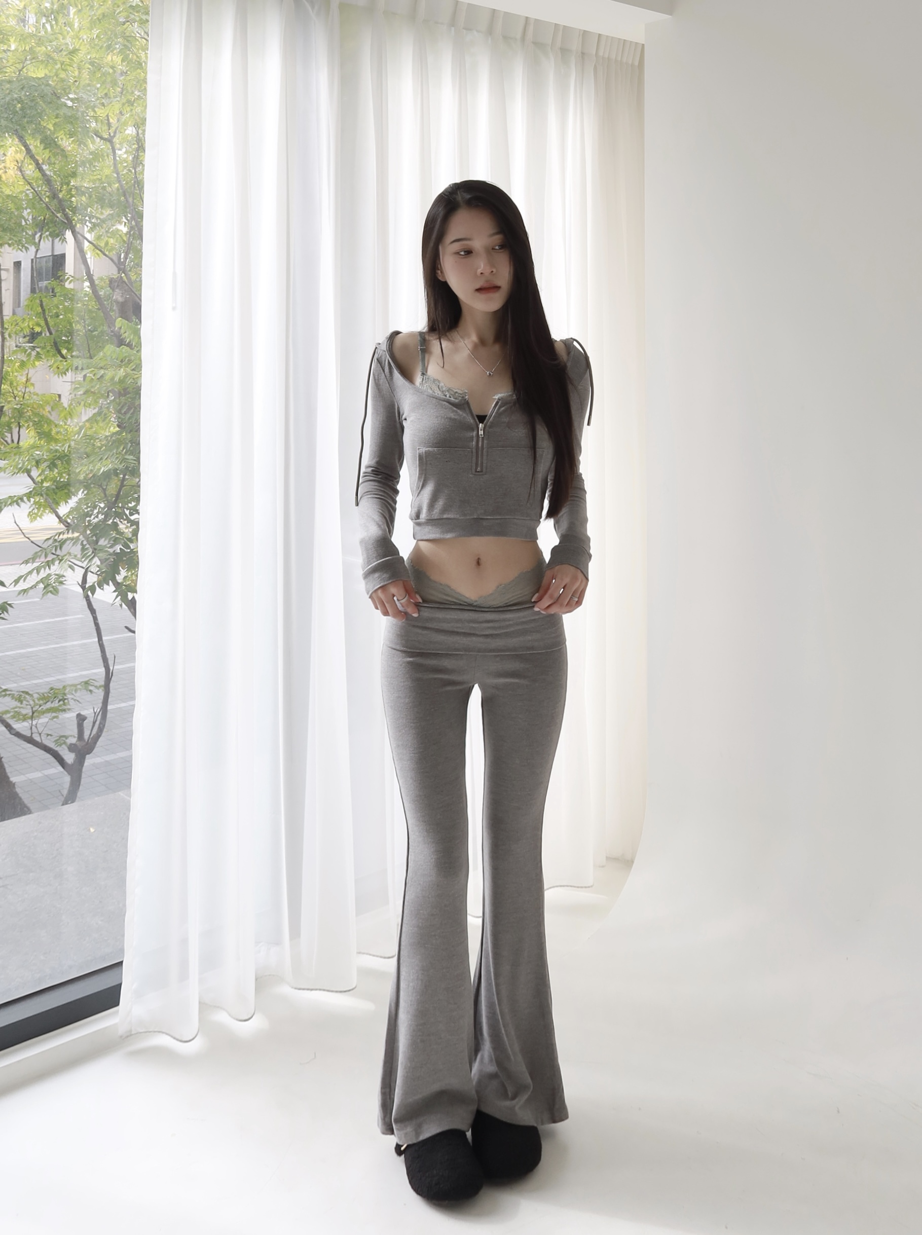 磨毛連帽蕾絲喇叭褲套裝