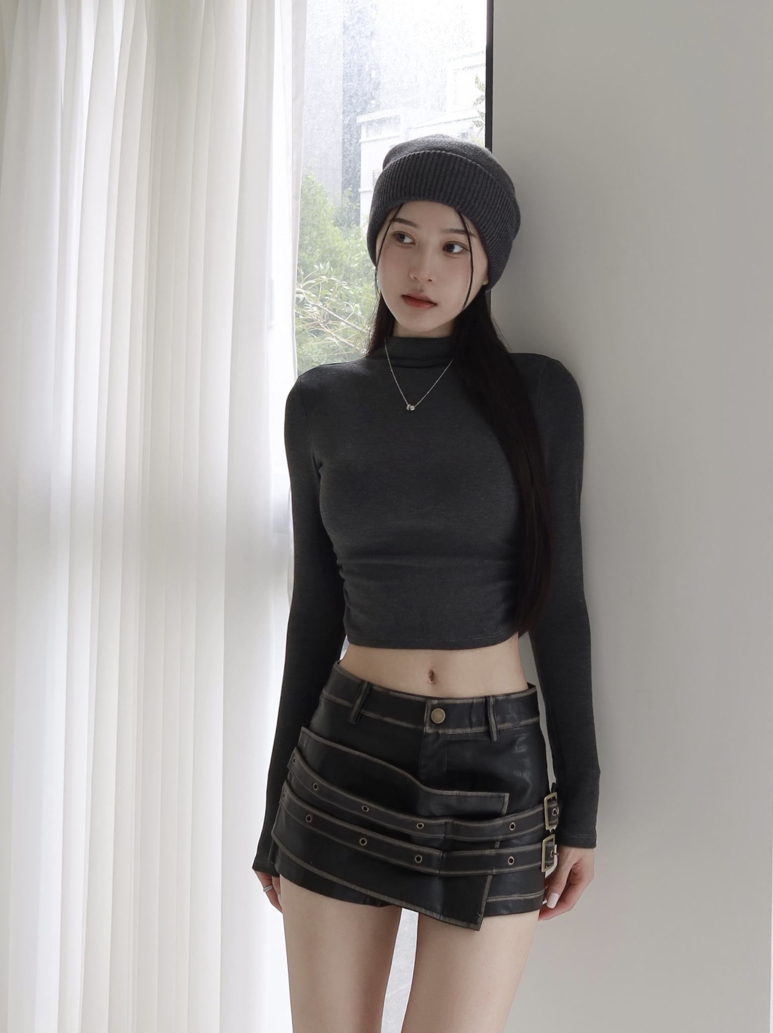 復古洗舊不規則皮革褲裙