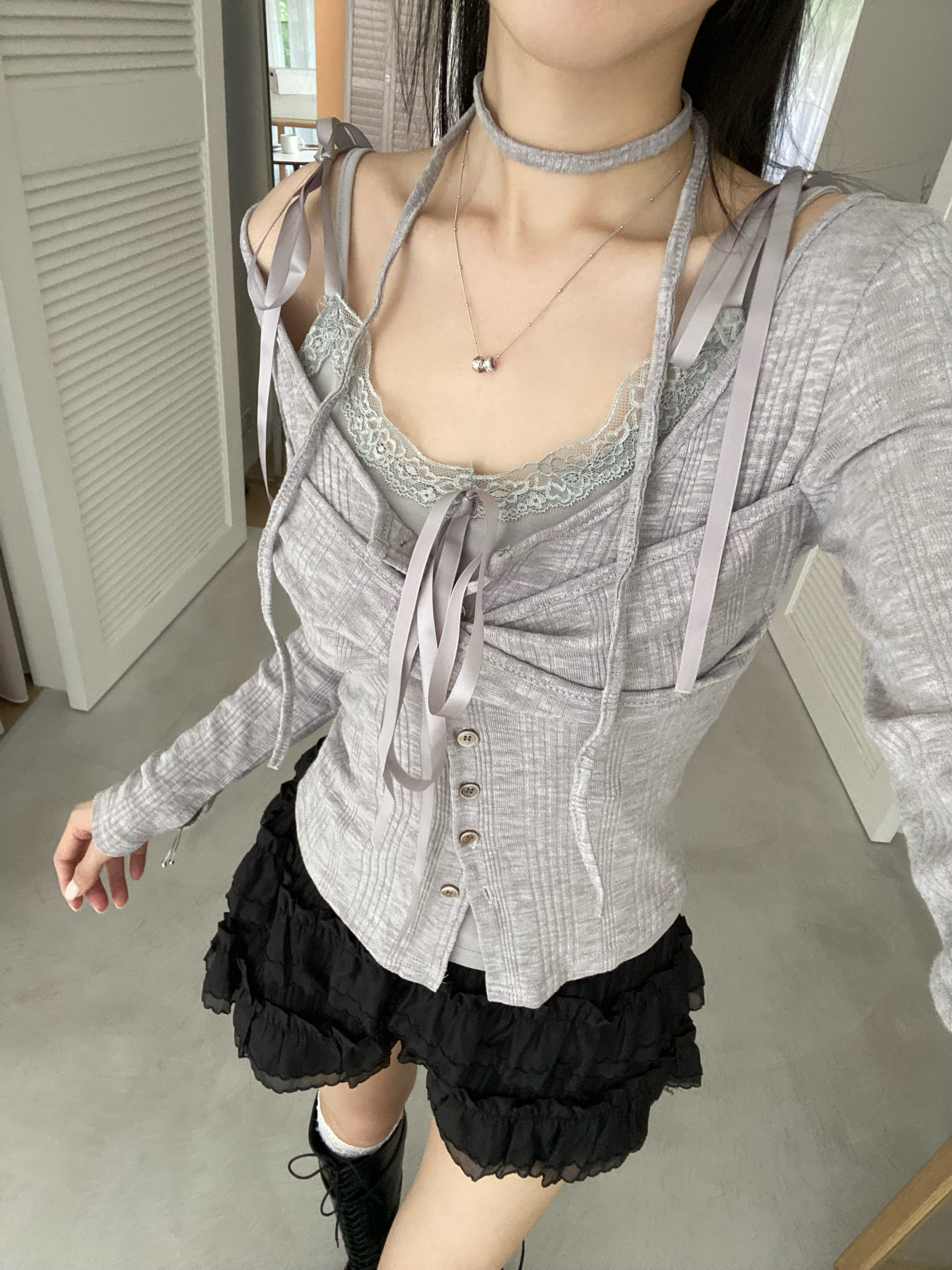 韓系蕾絲綁帶兩件式上衣