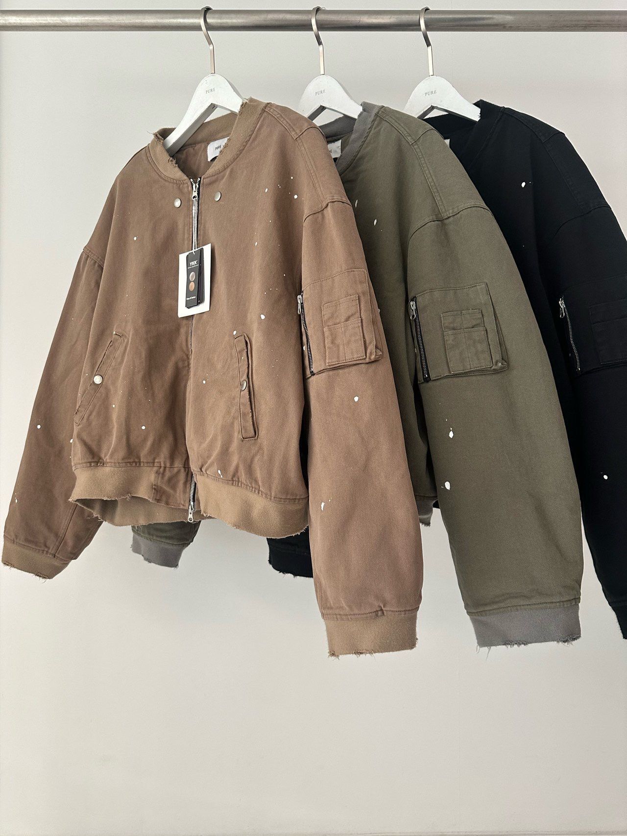 淨色潑墨破邊拉鍊外套(薄夾棉) PURE-190JK