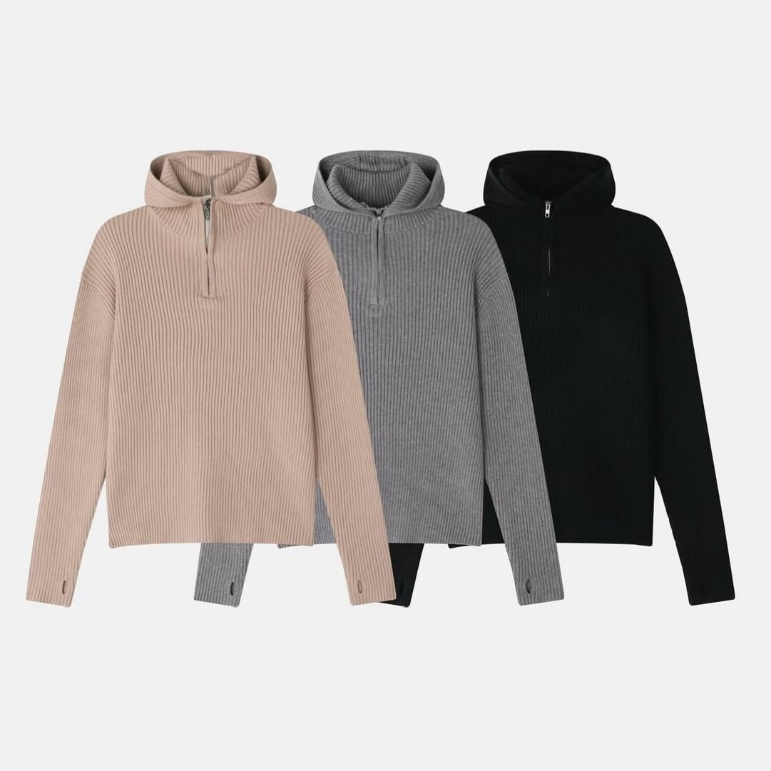 淨色暗直紋連帽針織衫 Vass-037T