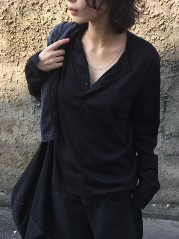 淨色半開胸長袖衫 Vass-038T