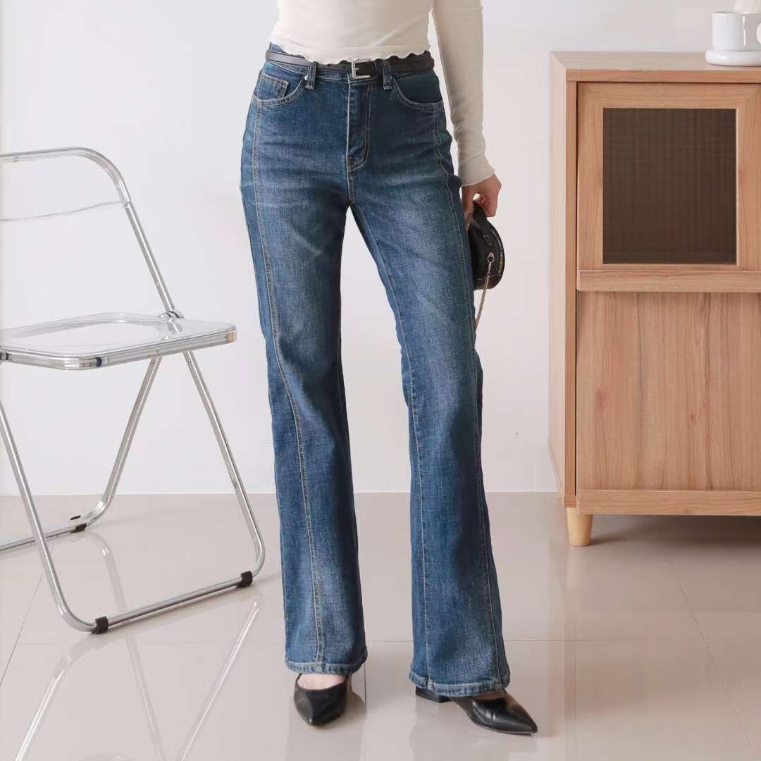 『XL』3173深藍側邊修飾喇叭牛仔長褲