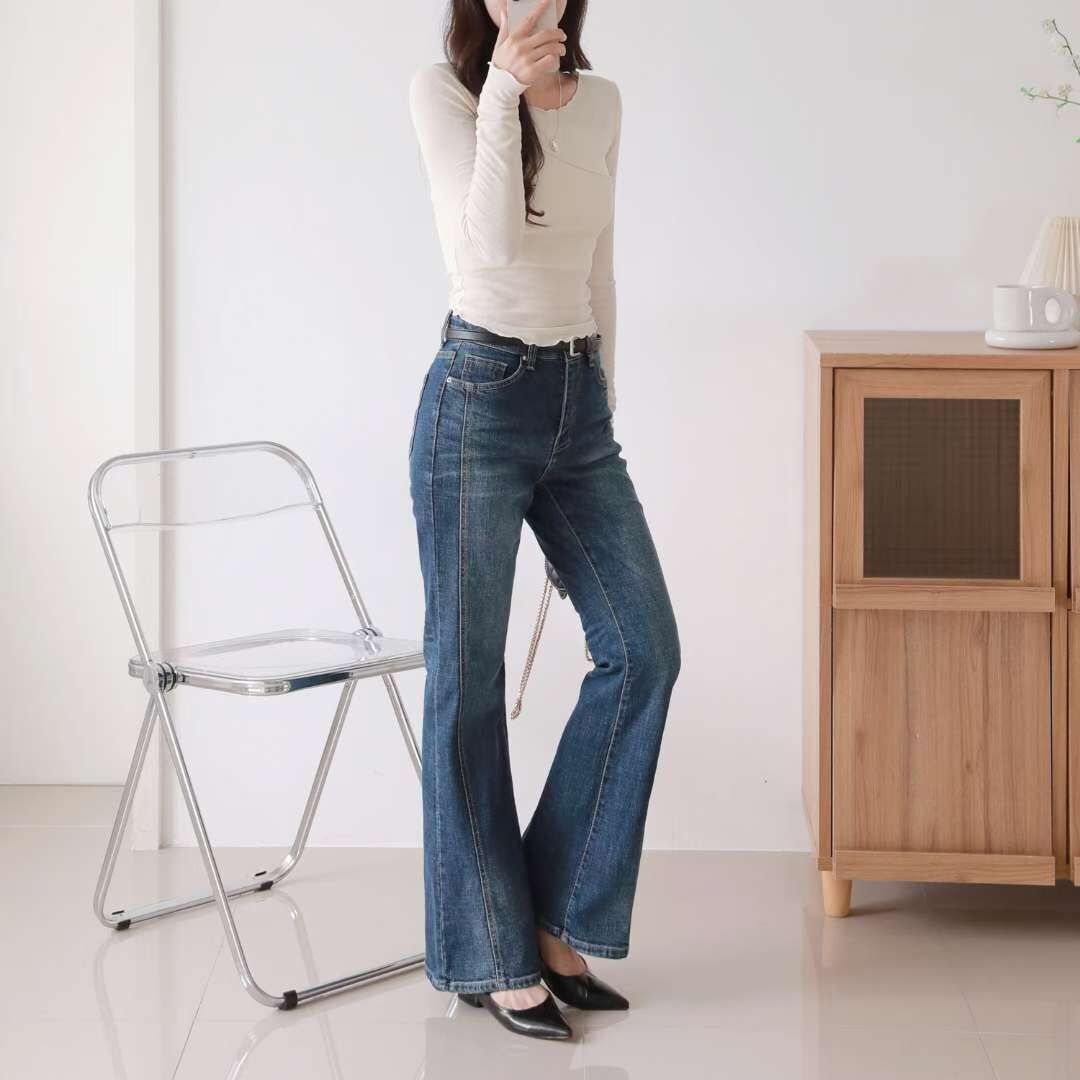 『XL』3173深藍側邊修飾喇叭牛仔長褲