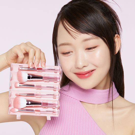 CORINGCO 粉紅捲軸專業化妝刷 六件套組