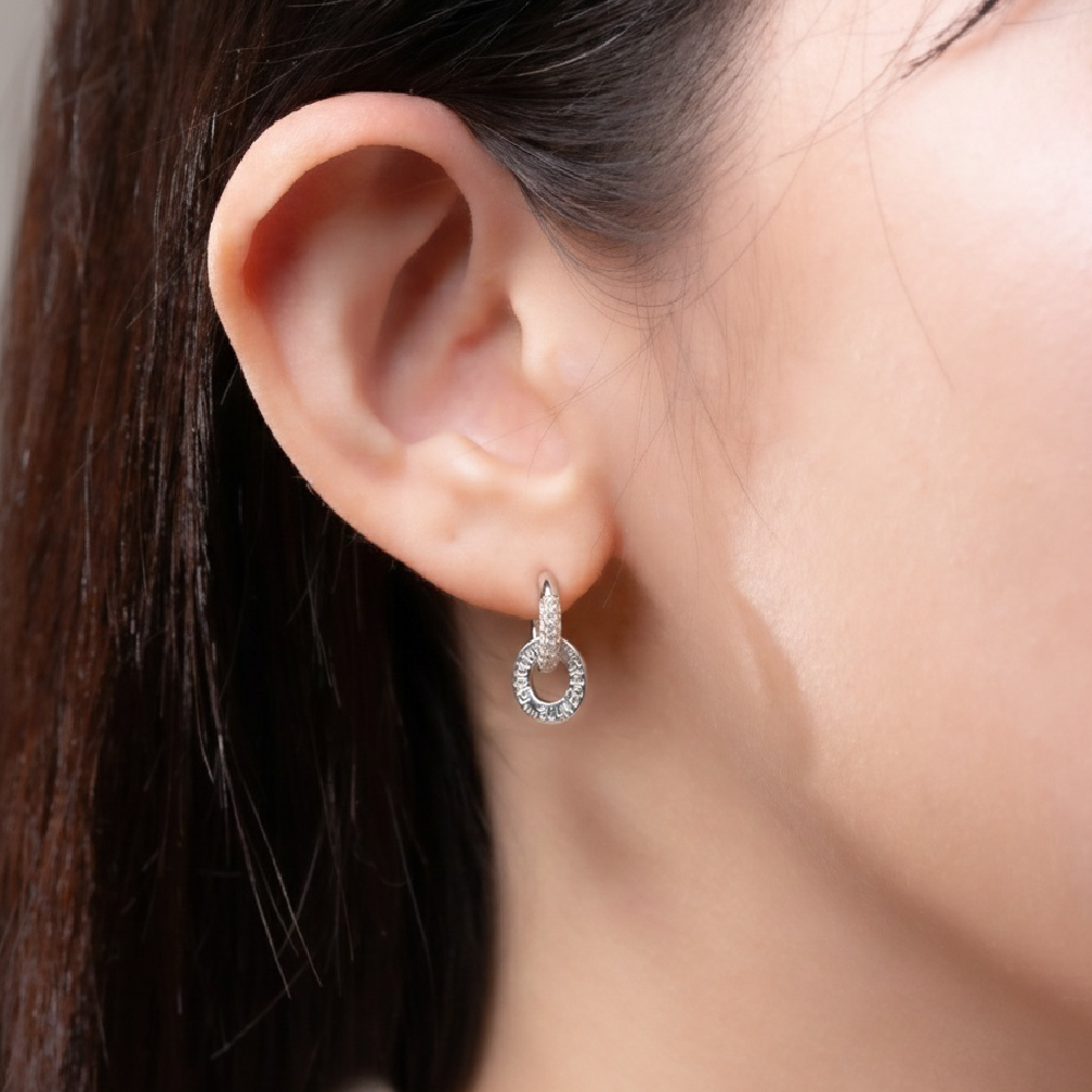 Double-ring diamond-encrusted sterling silver earrings