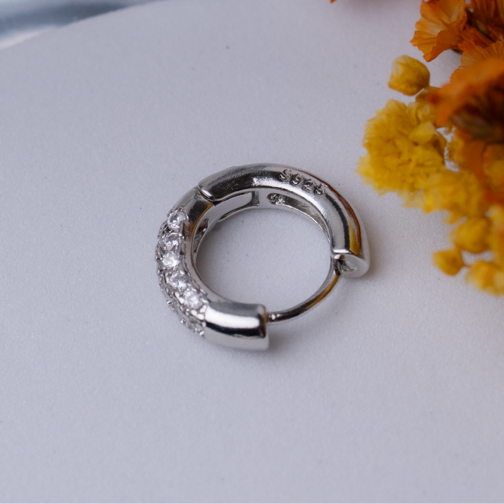 Double-ring diamond-encrusted sterling silver earrings