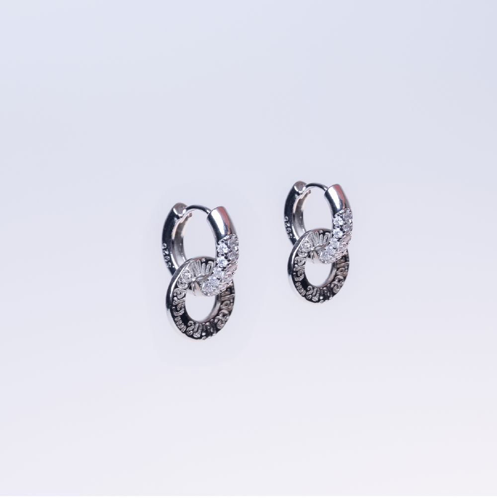 Double-ring diamond-encrusted sterling silver earrings