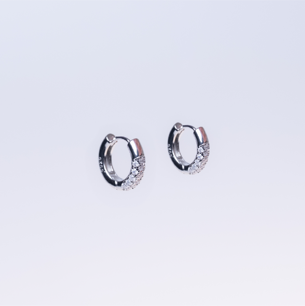 Double-ring diamond-encrusted sterling silver earrings