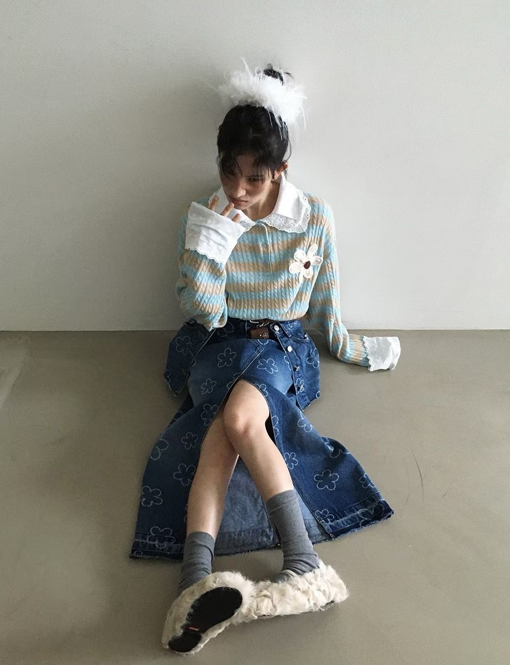 小花外口袋牛仔長裙