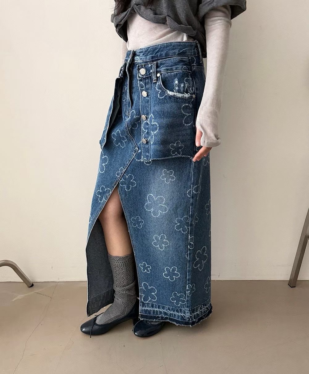 小花外口袋牛仔長裙