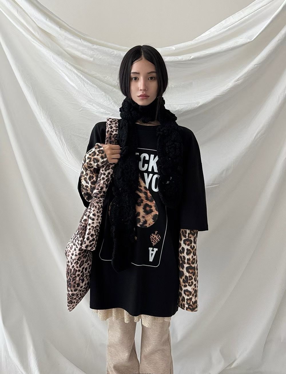 豹紋黑桃拚袖長版T