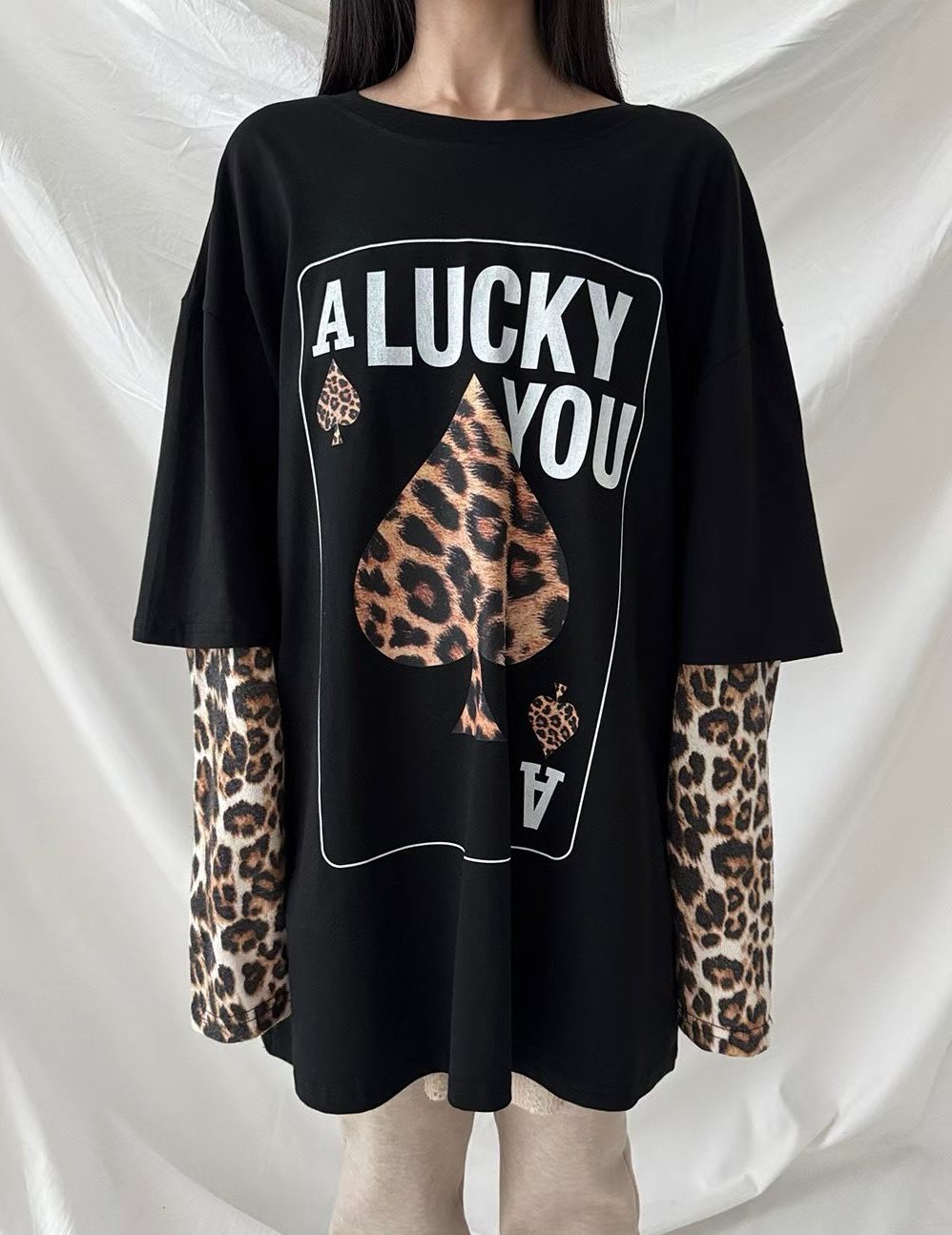 豹紋黑桃拚袖長版T