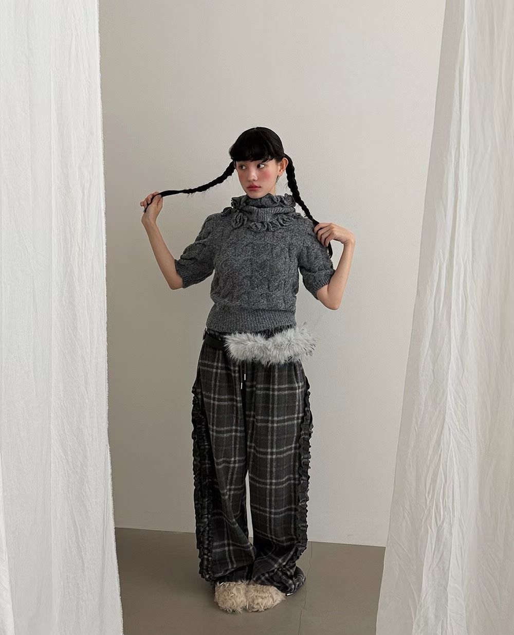 羊毛荷葉格子長褲