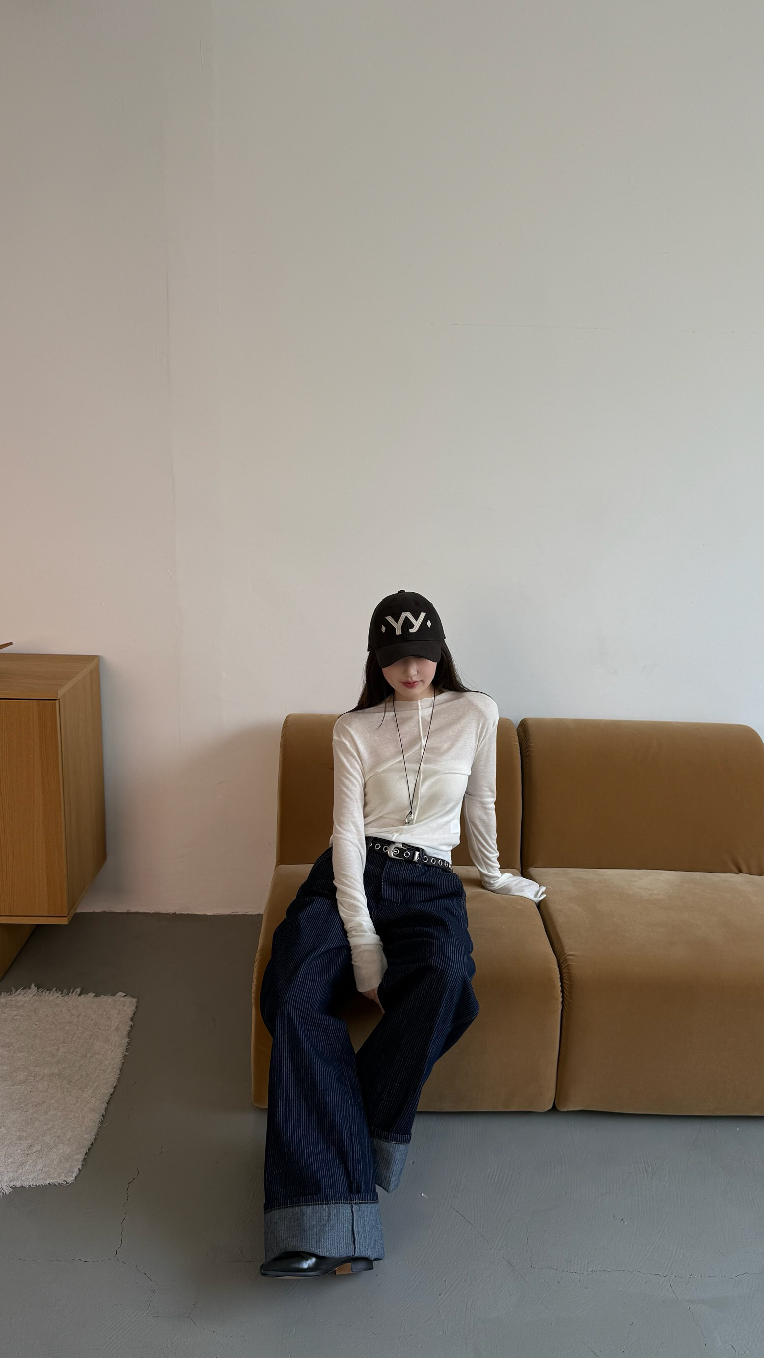 工裝大反折坑條直筒牛仔褲(s/m)