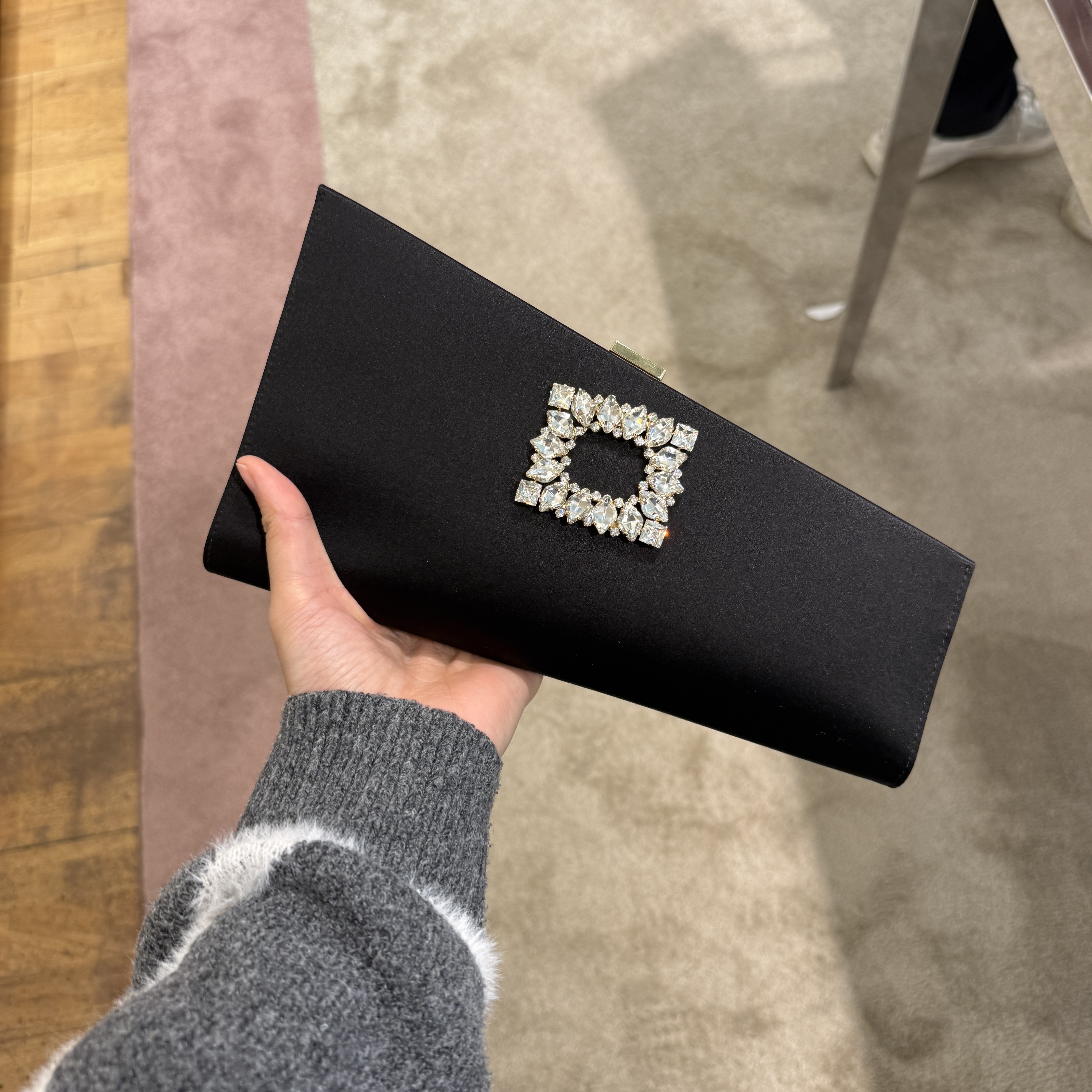 Roger Vivier Asymmetrical strass satin clutch bag black
