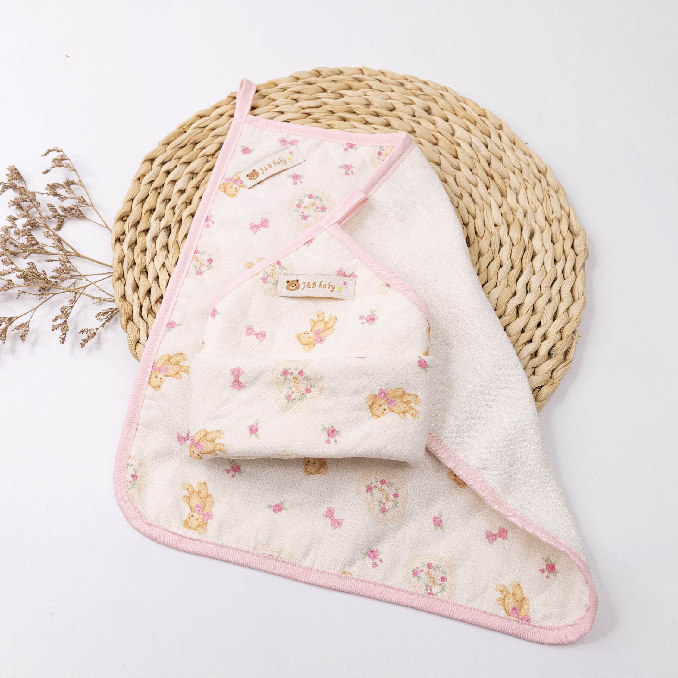 【JB0533】MIT純棉吸水粉嫩小熊手帕(兩入一組)