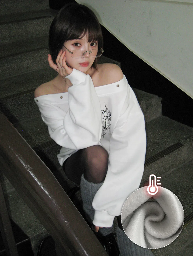 秋冬預訂｜寬鬆鏤空環印花露肩抓絨衛衣