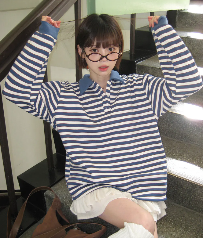 秋冬預訂｜Overfit 條紋領抓絨長袖T 恤