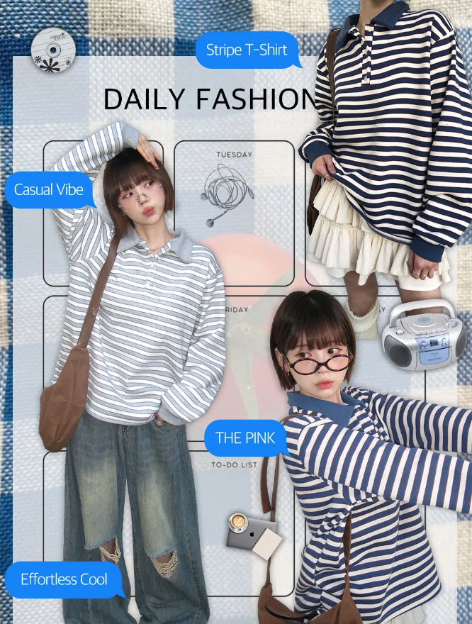 秋冬預訂｜Overfit 條紋領抓絨長袖T 恤