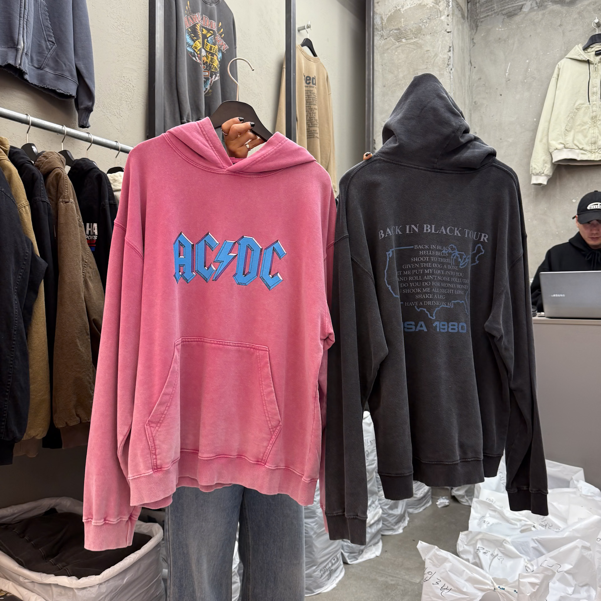 水洗色無磨毛帽T(粉/墨灰)