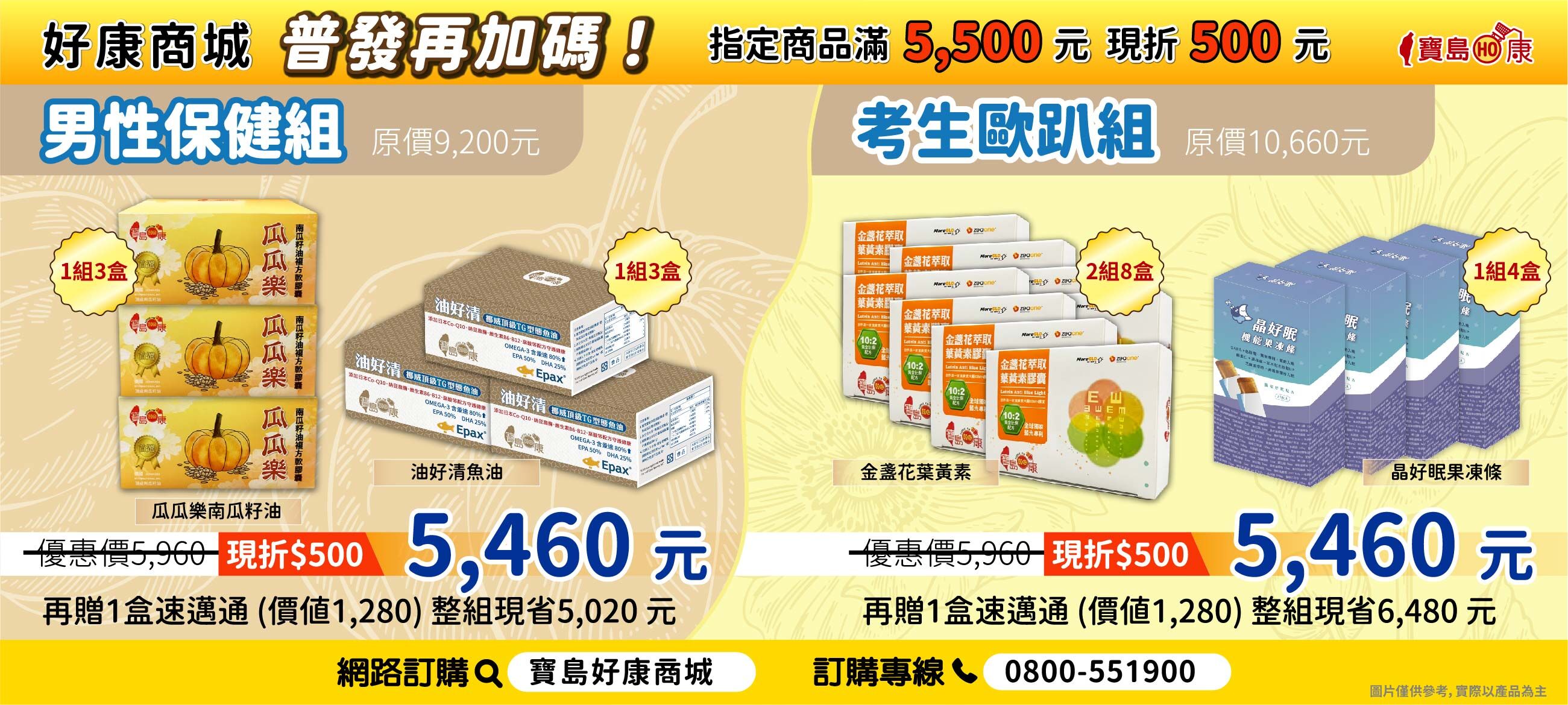 普發一萬好康加碼，南瓜籽油、魚油、葉黃素、晶好眠指定商品滿5500現折500