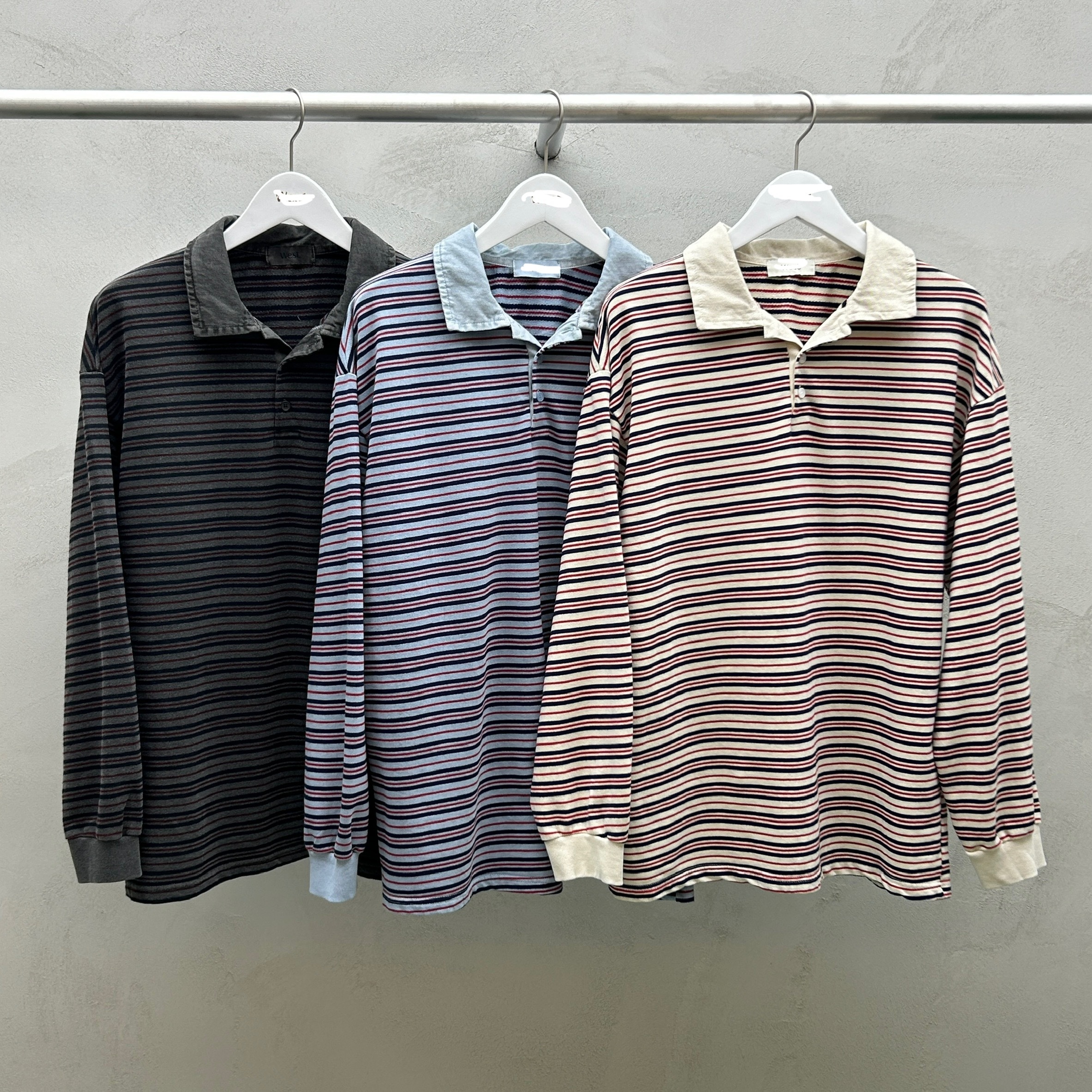 領口拼接牛仔布條紋衫(紅/藍/墨)