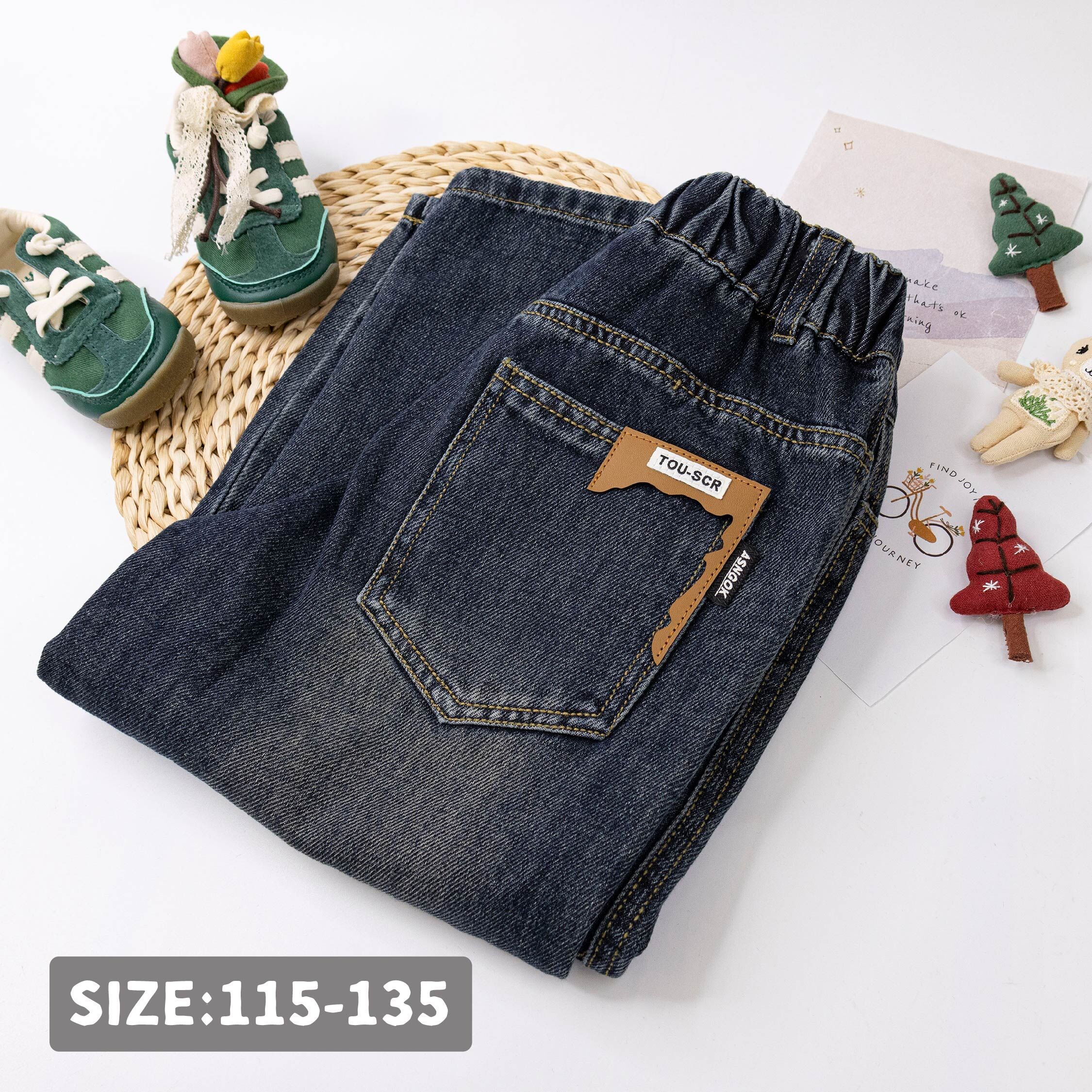 【H55526】不規則皮標立體縫線牛仔褲