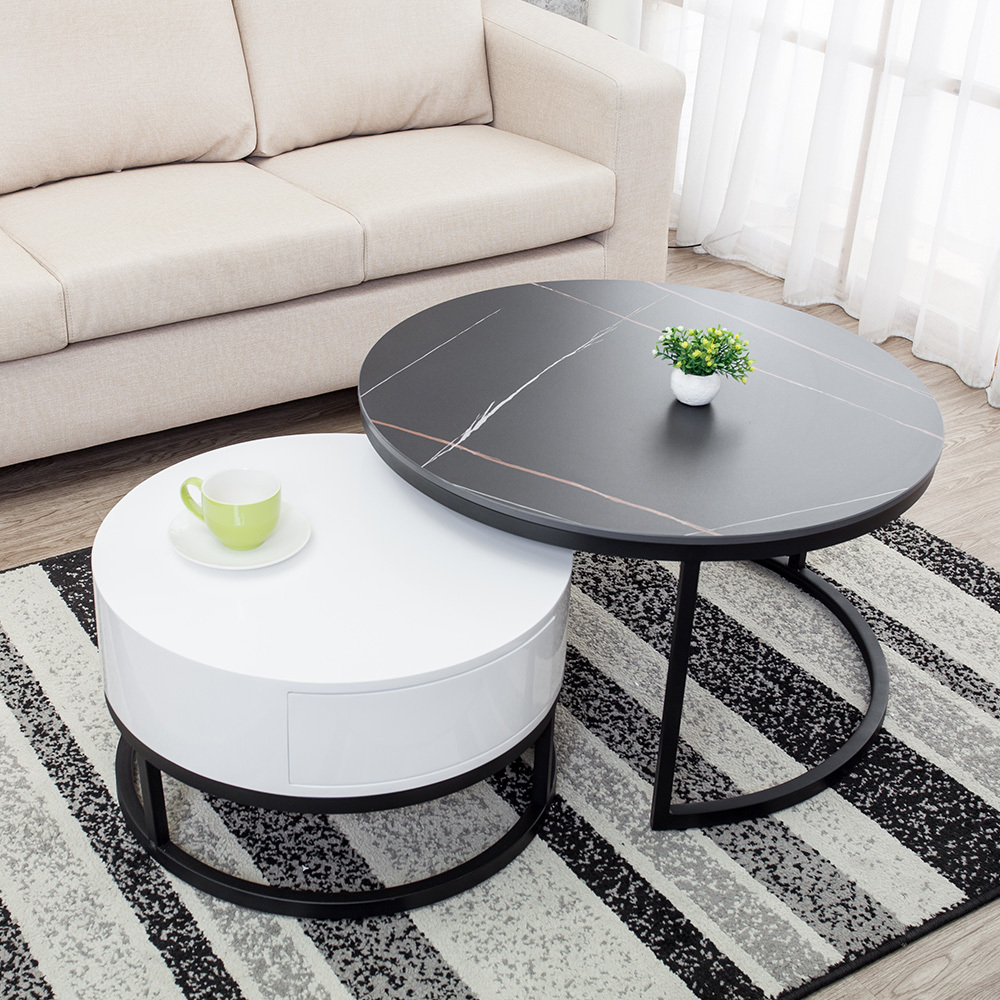 班恩4.7尺工業風黑色岩板圓型茶几組合(2.7尺大茶几+2尺小茶几)