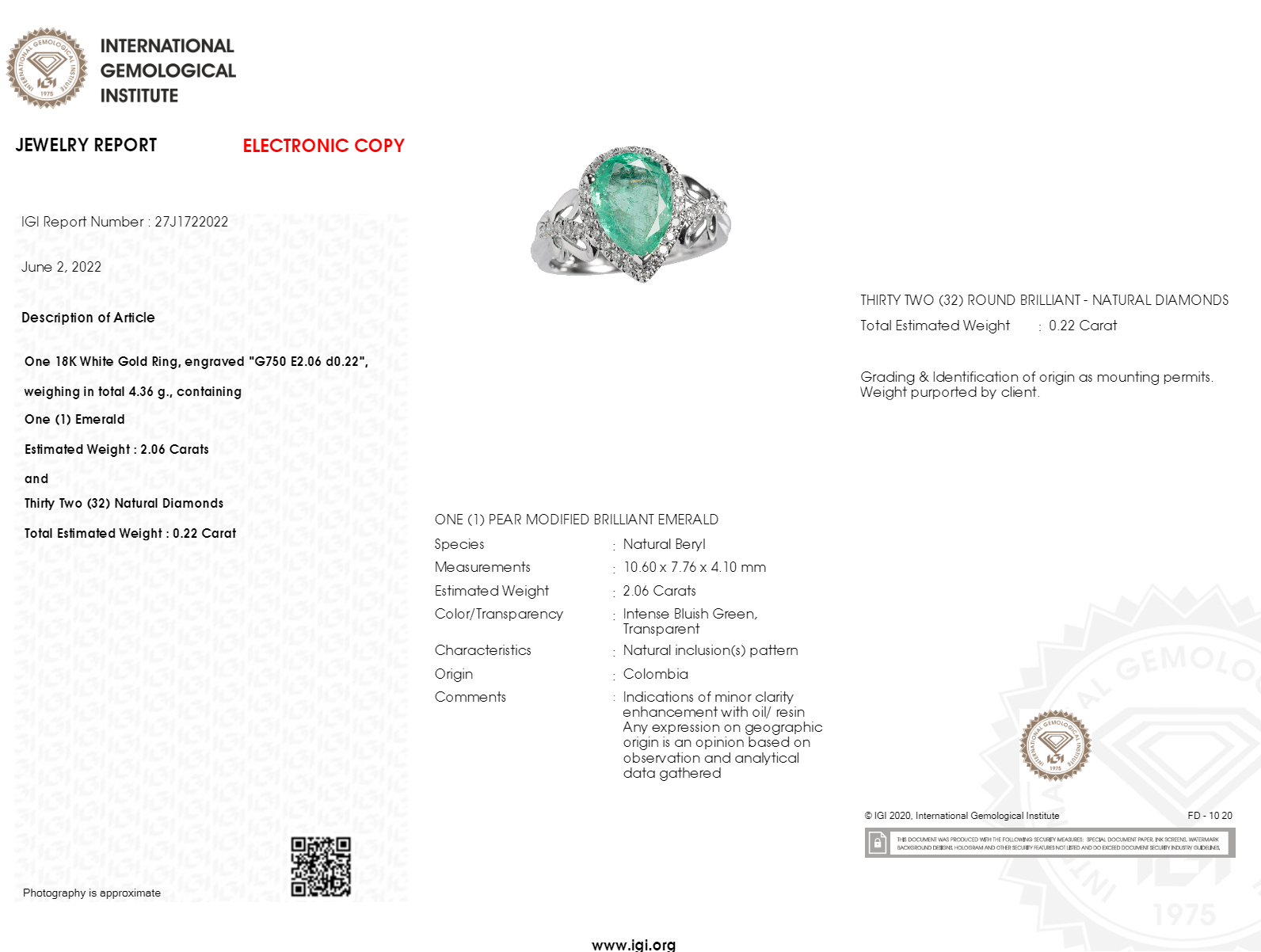 全新18K白金【單粒2卡6份綠寶石】配22份鑽石戒指