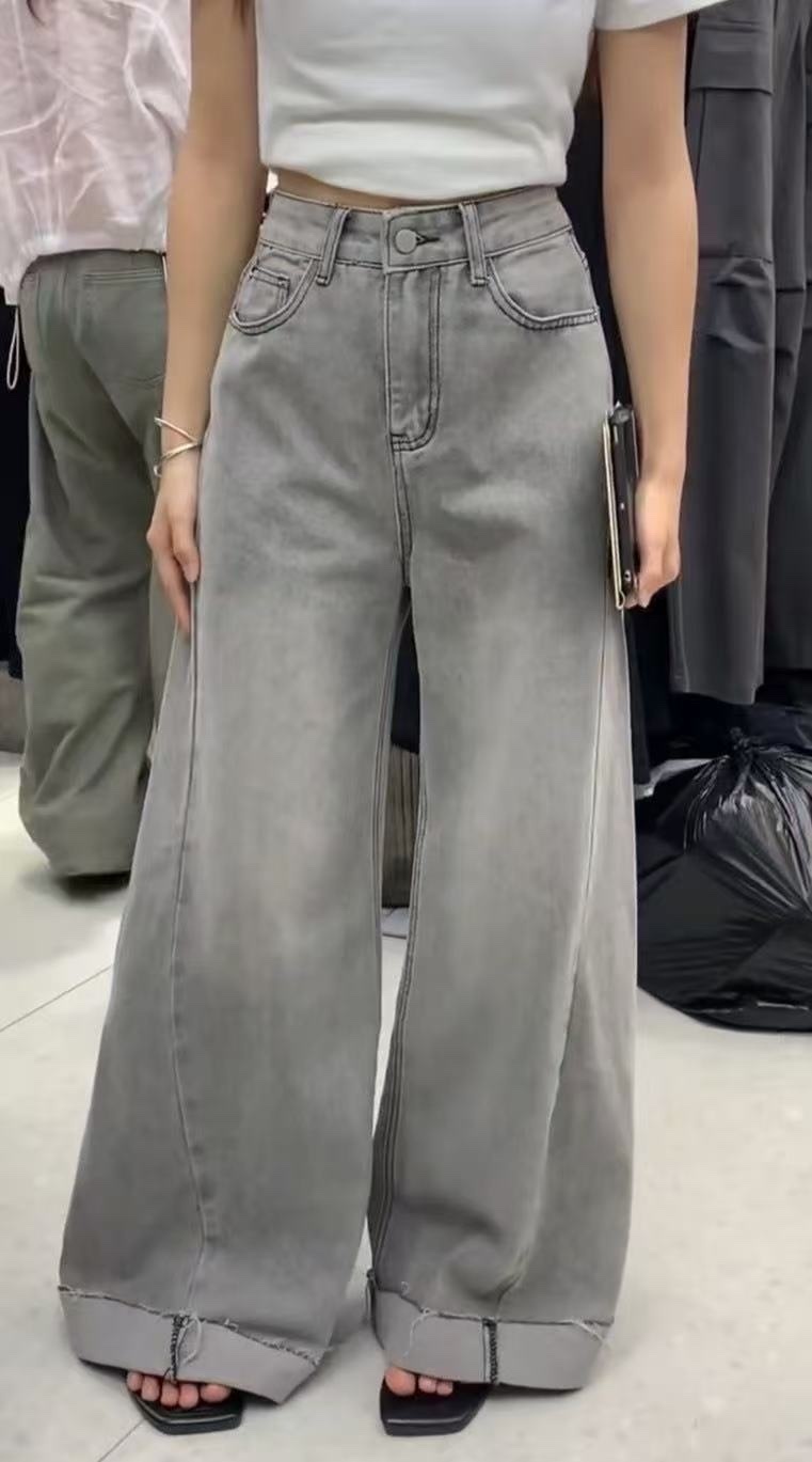 819 水洗霧灰側車線闊腿牛仔褲