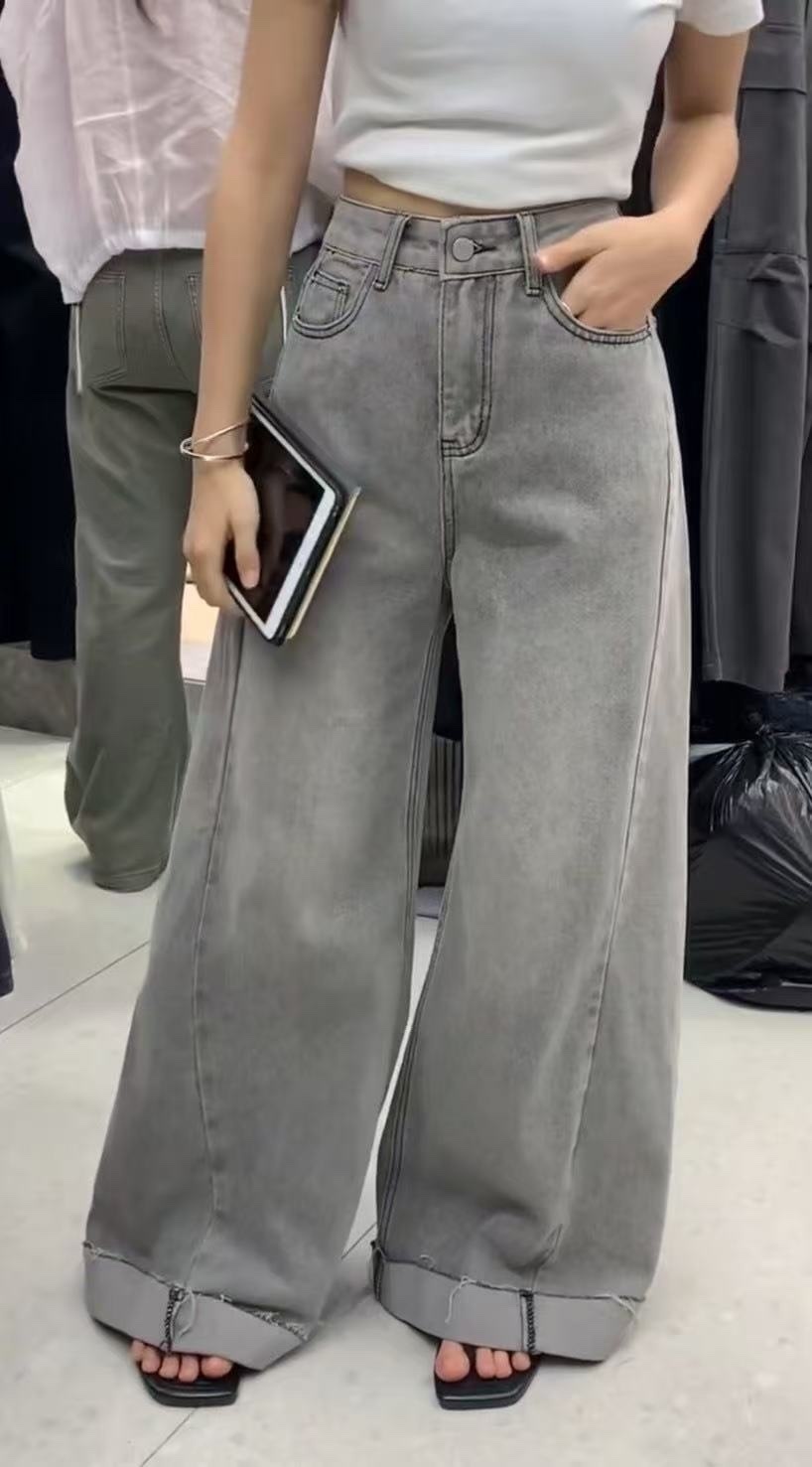 819 水洗霧灰側車線闊腿牛仔褲