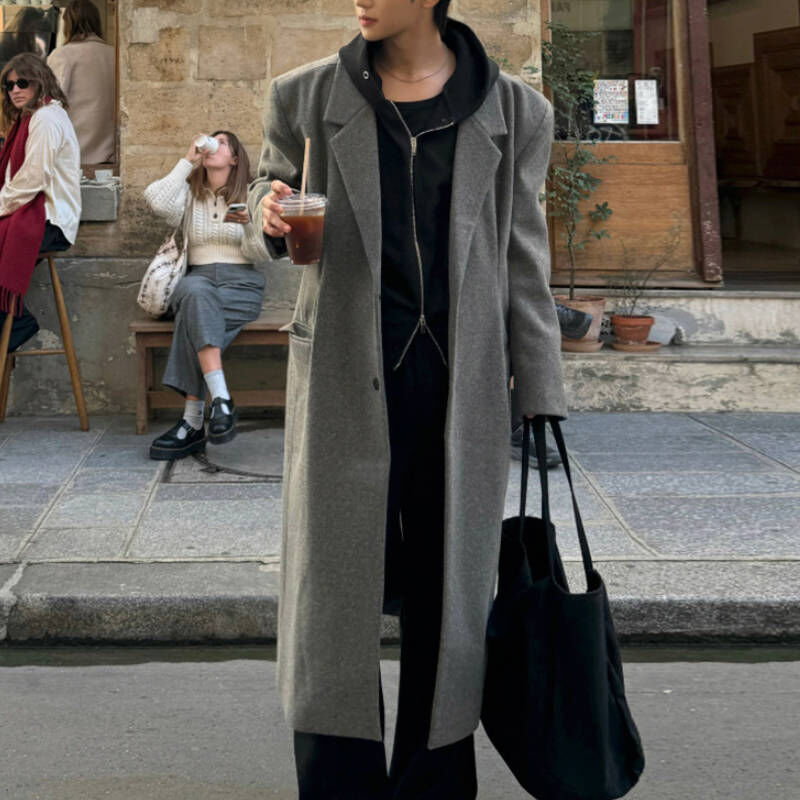 韓系歐爸冬季保暖特殊版型風衣, 小個子也能穿的長版風衣