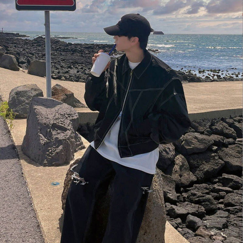 超稀有韓系高級感麂皮亮面翻領短版飛行外套