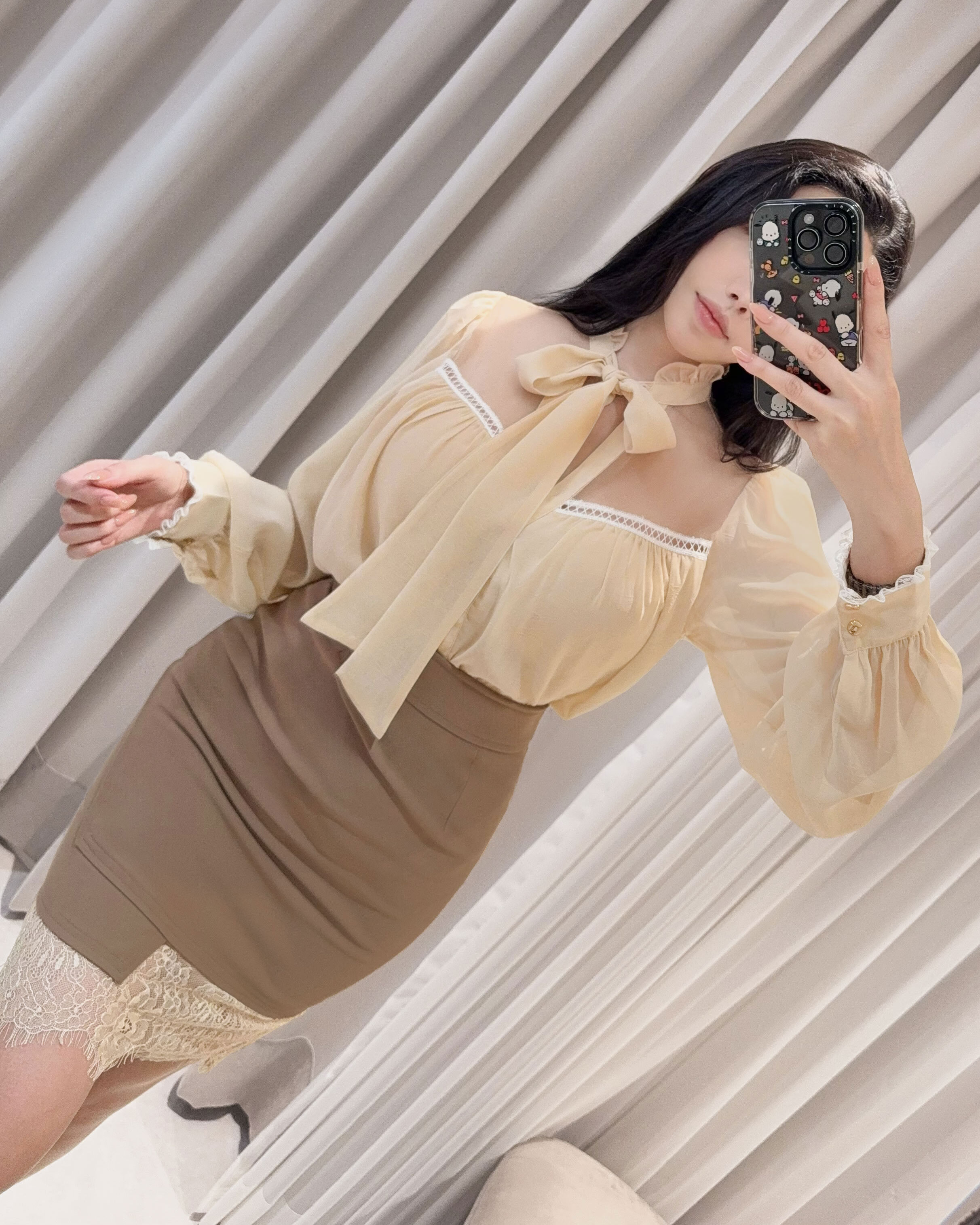 ⭒訂製-氣質綁帶花邊雪紡襯衫