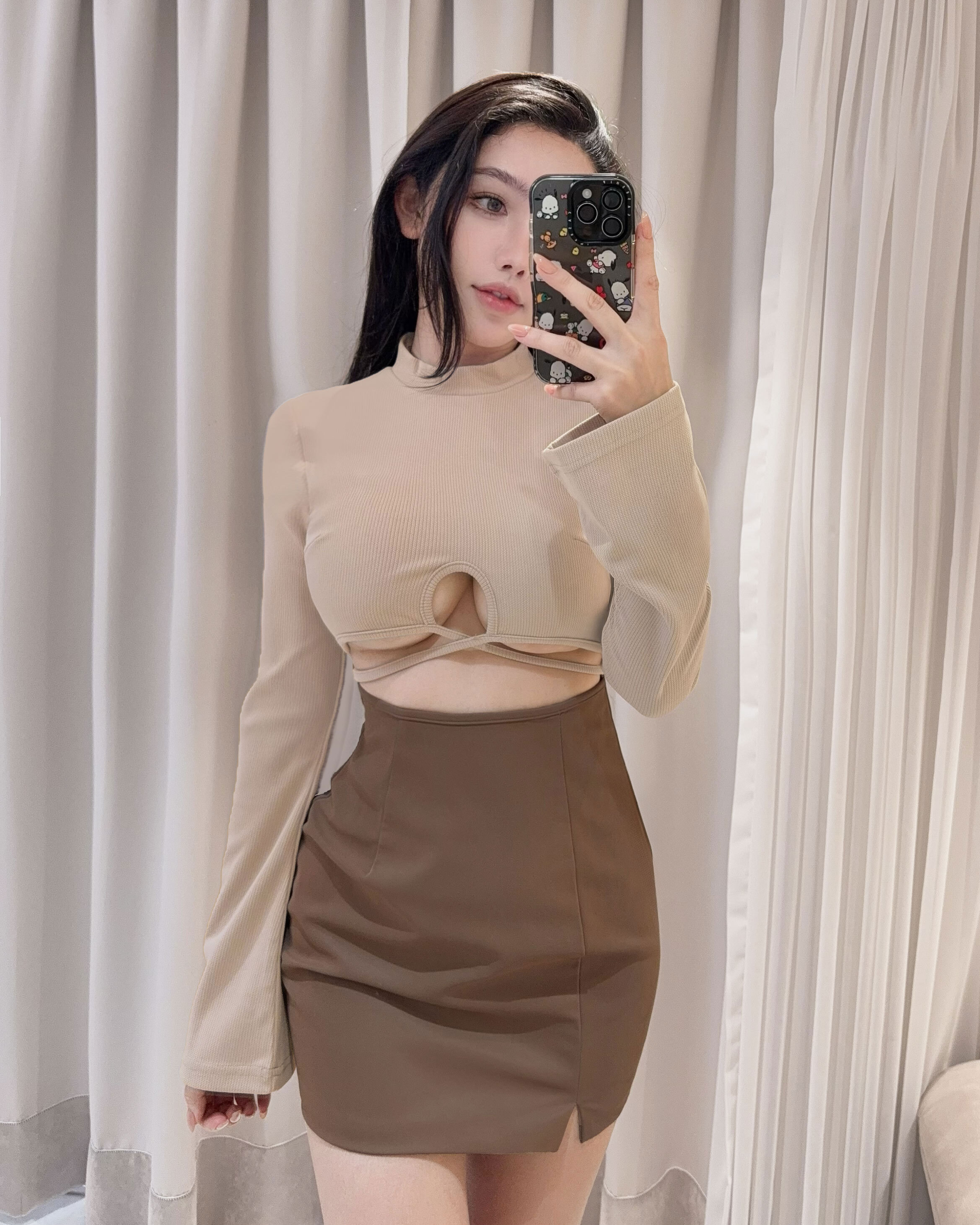 ⭒訂製-性感拼接皮革鏤空合身洋