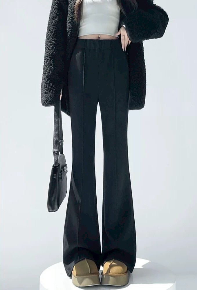 鬆緊腰前壓線羊絨微喇叭褲